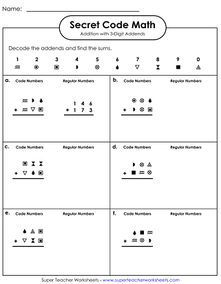Engaging math activity to enhance decoding and problem-solving skills Secret Code Math worksheet featuring fun addition puzzles for fourth graders