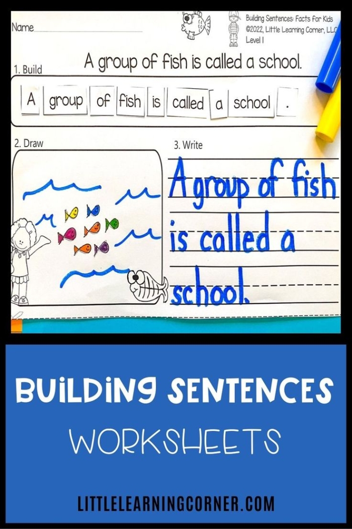 Fourth grade students practicing grammar with a Building Sentences worksheet featuring subject and predicate exercises