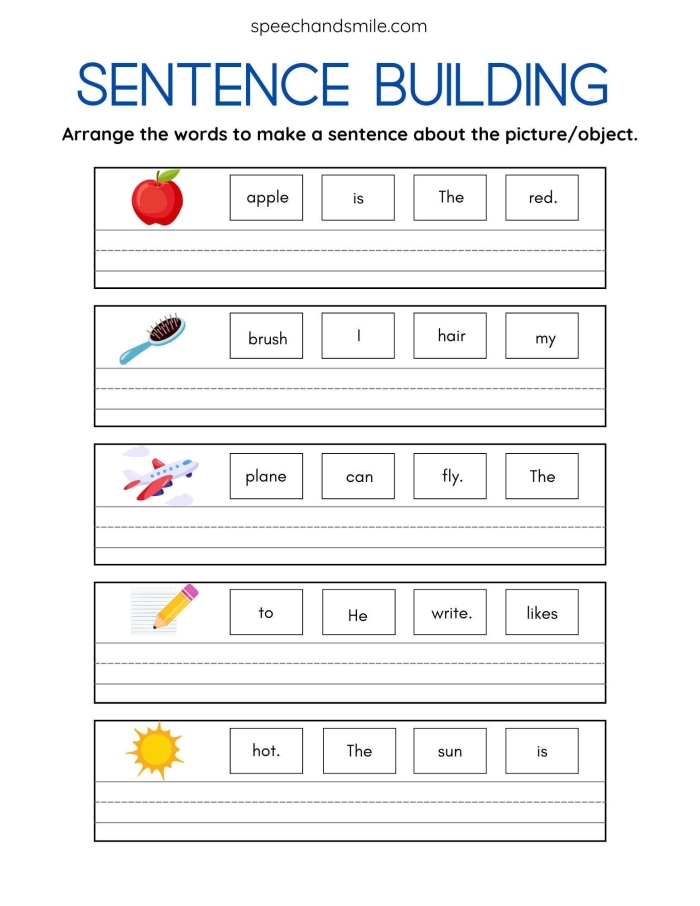 Fourth grade worksheet showing sentence building exercises with subjects and predicates for elementary grammar practice