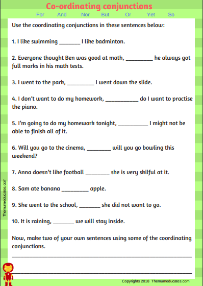 Fourth Grade Handwriting: Combining Sentences with Conjunctions Worksheet for practicing coordinating conjunctions in sentence combining