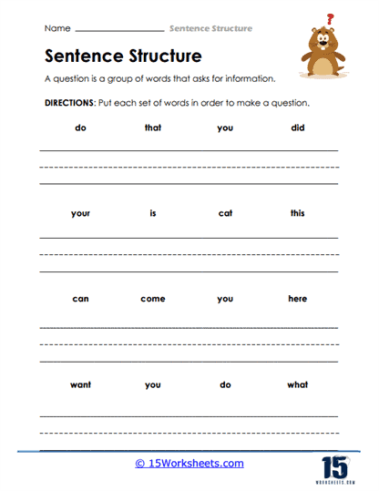 Engaging activity for enhancing writing skills through sentence variety Worksheet for exploring three essential sentence structures for fourth graders