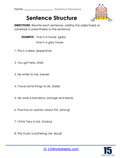 Visual guide to enhancing writing skills with varied sentence structures Worksheet showcasing three sentence structures for fourth-grade phonics students