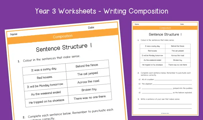 Interactive Three Sentence Structures worksheet for enhancing writing skills Worksheet showcasing three essential sentence structures for fourth-grade phonics students
