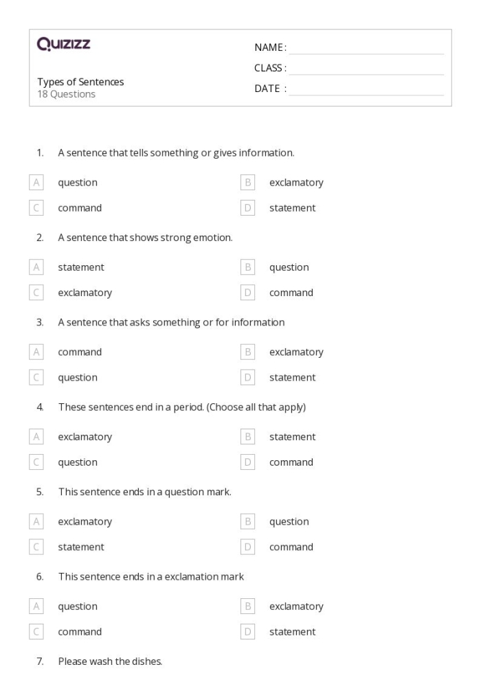 The Four Types of Sentences Worksheet for Handwriting Practice Worksheet on the Four Types of Sentences for fourth graders learning about sentence structure