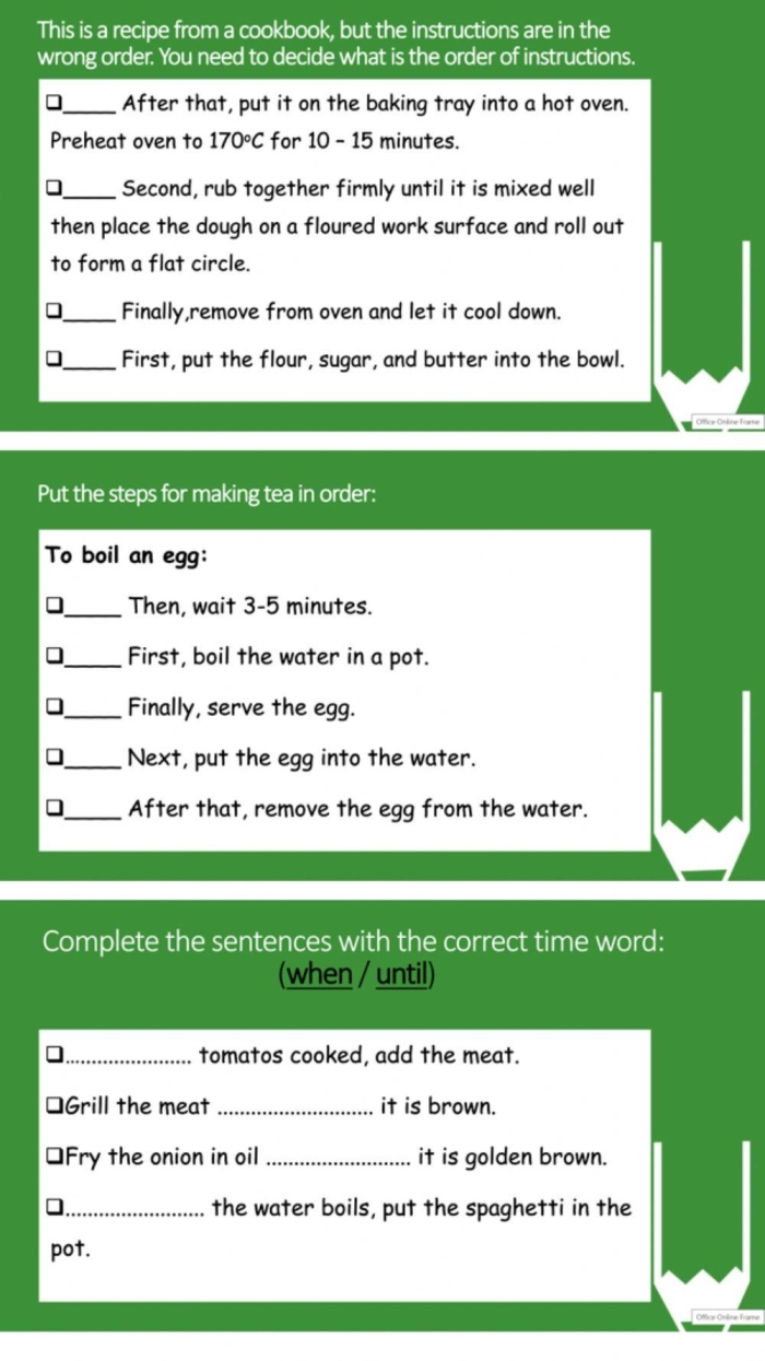 Fourth grade students practicing time and sequence words for grammar and vocabulary skills on an algebra worksheet