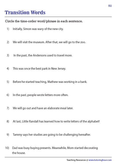 Fourth grade students practicing time and sequence words with grammar exercises on a worksheet
