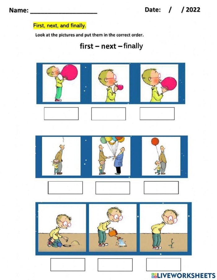 Fourth grade students practicing time and sequence words with grammar exercises on a worksheet