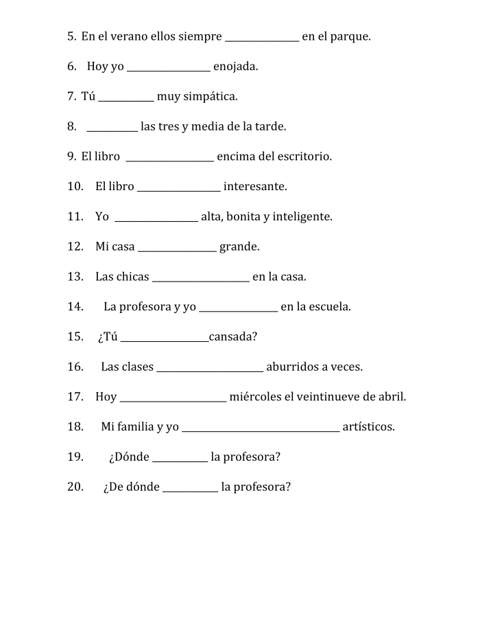 Fourth grade Spanish worksheet showing practice exercises for choosing between ser and estar verbs with fill-in-the-blank sentences