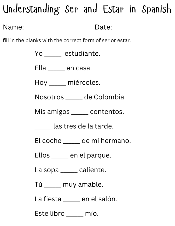 Fourth grade Spanish worksheet exercise 23 showing ser versus estar verb usage practice problems for students learning permanent versus temporary states of being