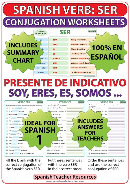 Worksheet featuring the Spanish verb "ser" for fourth graders learning its usage