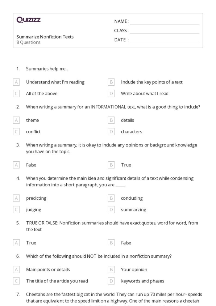 Fourth grade students reading a nonfiction passage about sharks with summary writing prompts and lines for responses