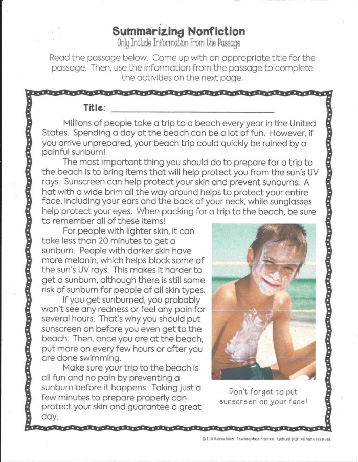 Fourth grade student completing a nonfiction summary worksheet about shark facts