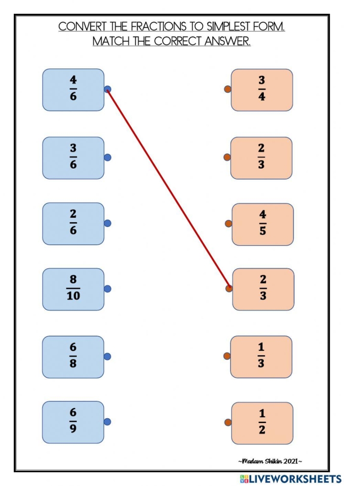 Simple Fractions with Sylvia Worksheet Number Fifteen Fourth grade math worksheet featuring Sylvia teaching children how to simplify fractions