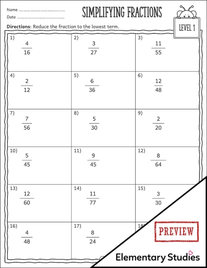 Simplifying Fractions Practice Sheet 4th Grade Math Multiplication Fourth grade math worksheet for practicing how to simplify fractions through multiplication methods