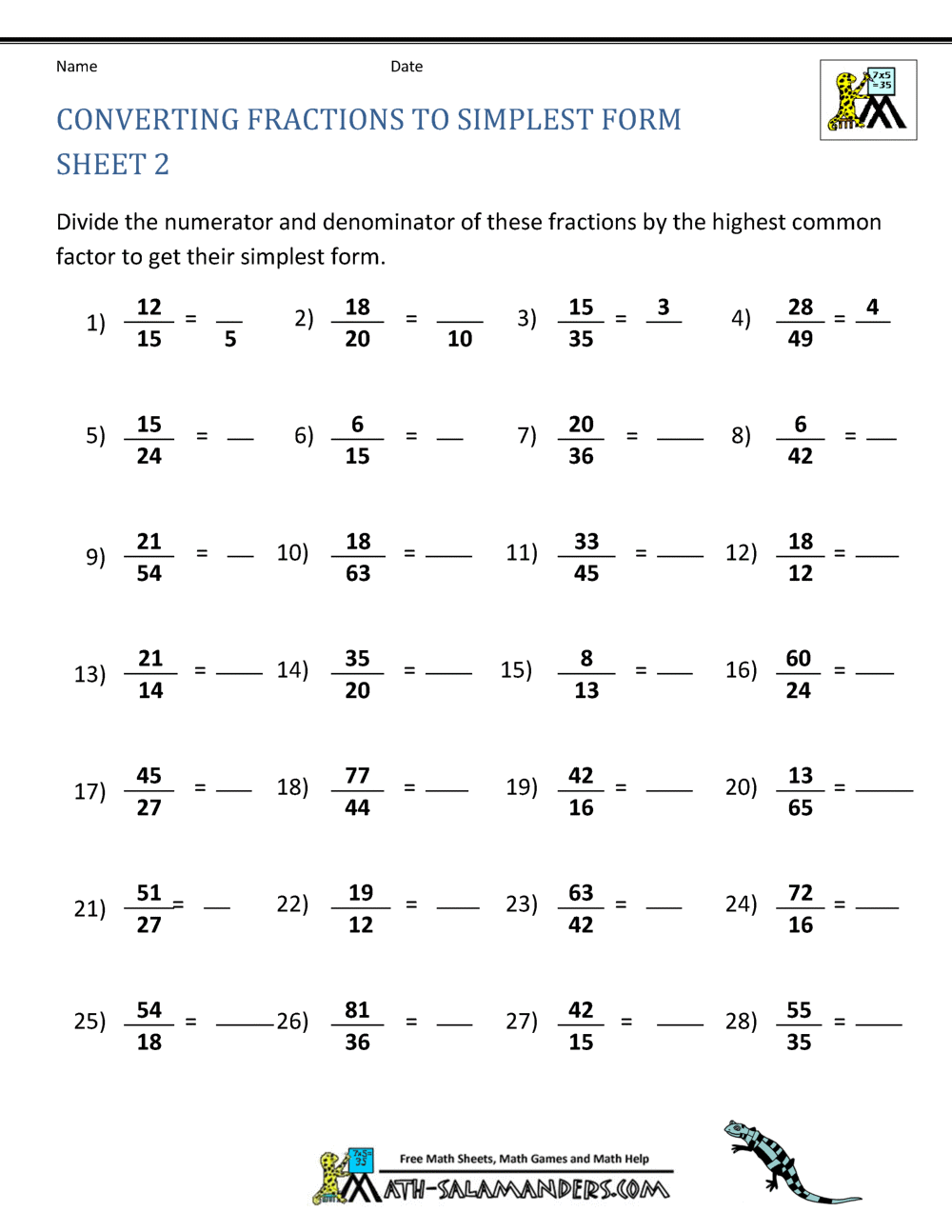 Simplify Fractions Worksheet 16 Multiplication Practice for Grade 4 Fourth grade math worksheet for practicing how to simplify fractions with sixteen problems