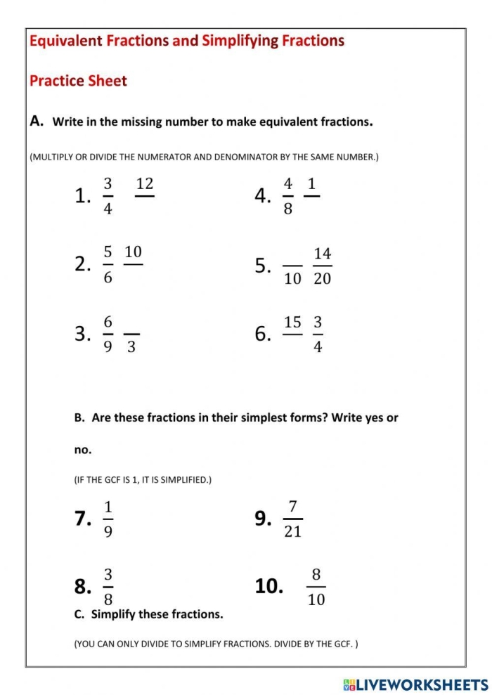 Simplifying Fractions Practice Exercise 10 Fourth grade math worksheet showing practice problems for reducing fractions to their simplest form