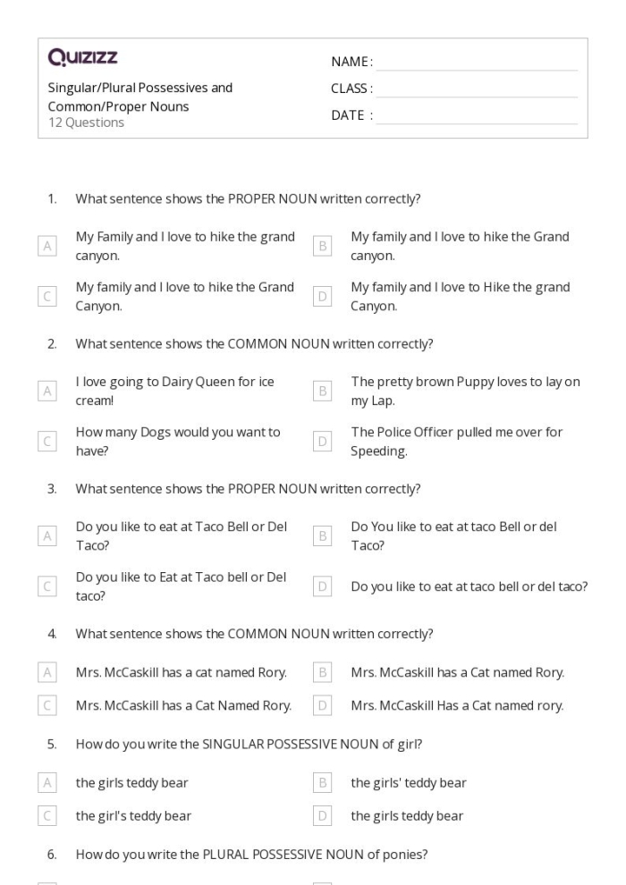Worksheet focusing on singular and plural possessive nouns for fourth graders