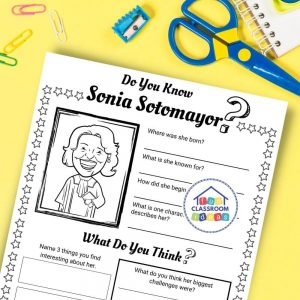 A worksheet featuring Sonia Sotomayor's biography for fourth graders exploring her childhood challenges