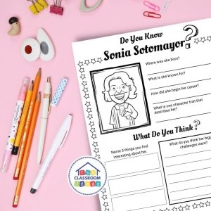 Students engaging with the Sonia Sotomayor biography worksheet, exploring her inspiring journey. Educational resource for fourth graders on the challenges faced by a Supreme Court Justice.