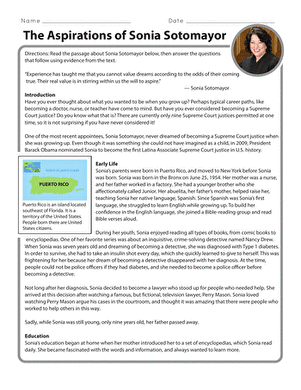 A worksheet featuring Sonia Sotomayor's inspiring biography for fourth graders