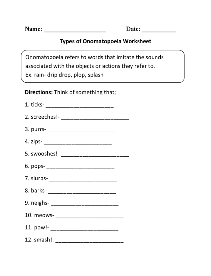 Fourth grade reading worksheet featuring a variety of sound words like boom and squeak for lesson 14