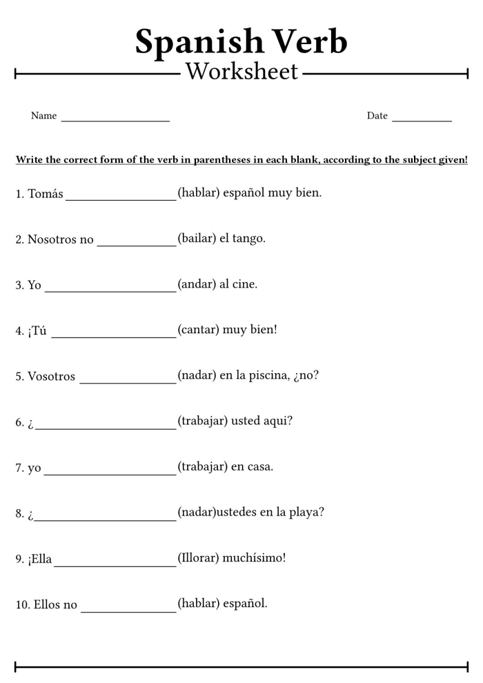 Fourth grade Spanish verbs worksheet featuring a list of action words for students
