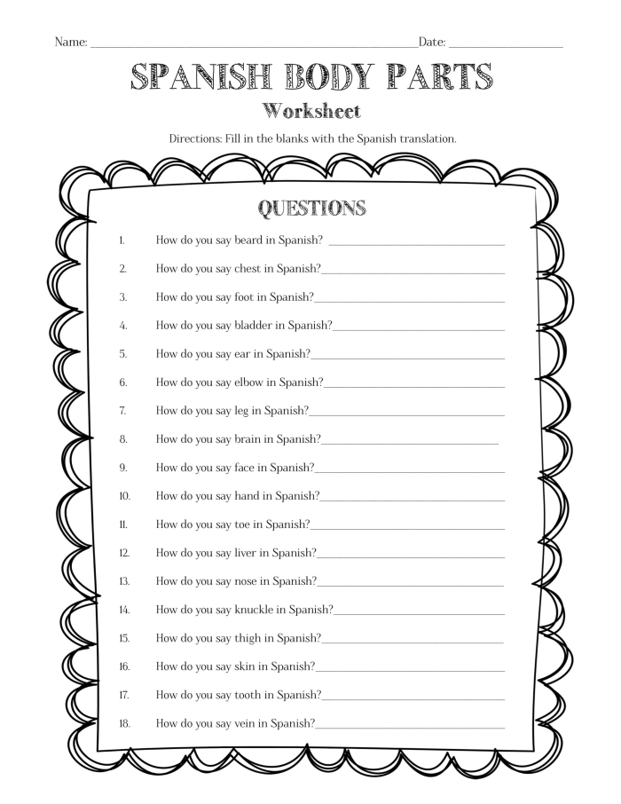Engaging fill-in-the-blanks worksheet on body parts in Spanish for fourth graders Worksheet for learning body parts in Spanish with fill-in-the-blanks activities