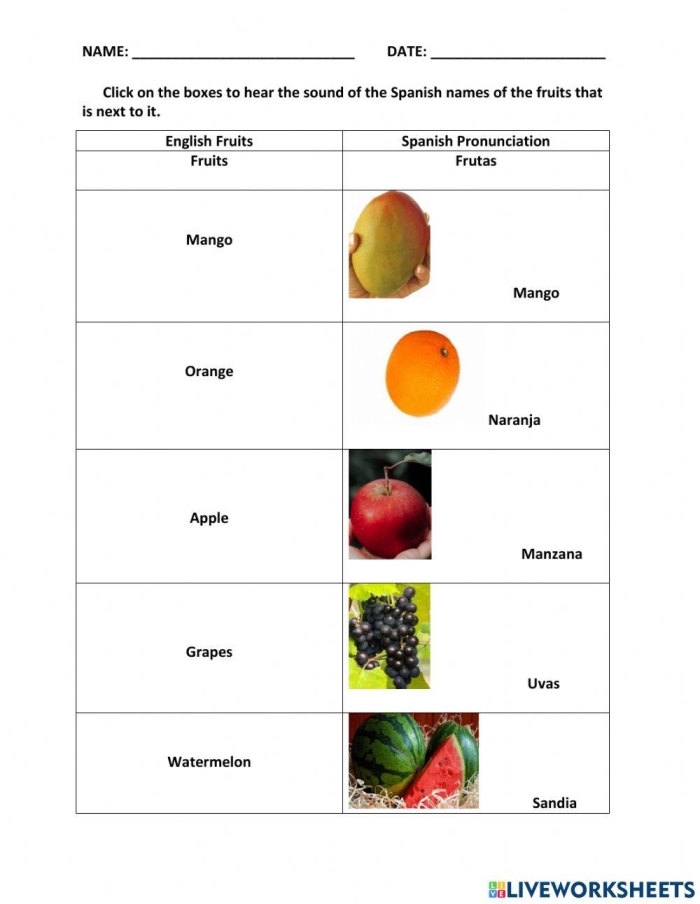 Engaging fruits in Spanish worksheet to enhance vocabulary skills Worksheet for matching fruits with their Spanish names for fourth graders