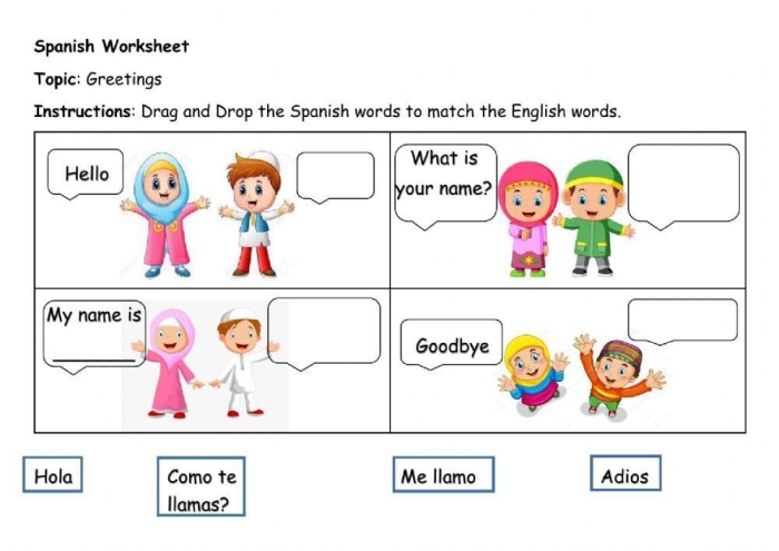 Spanish greetings worksheet for fourth graders featuring essential phrases like hello and goodbye