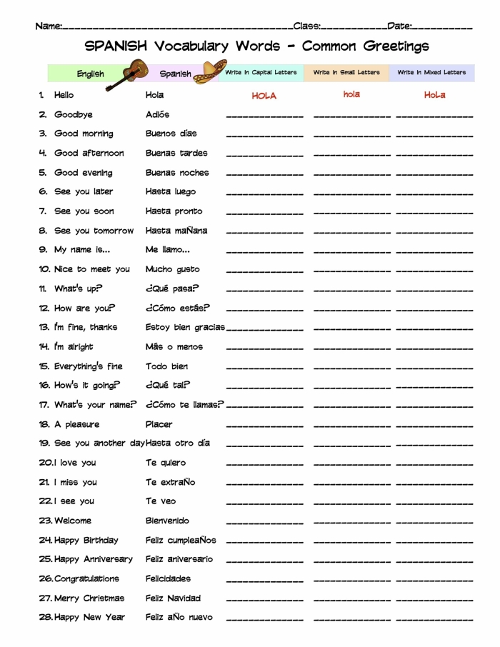 Worksheet featuring greetings in Spanish for fourth graders