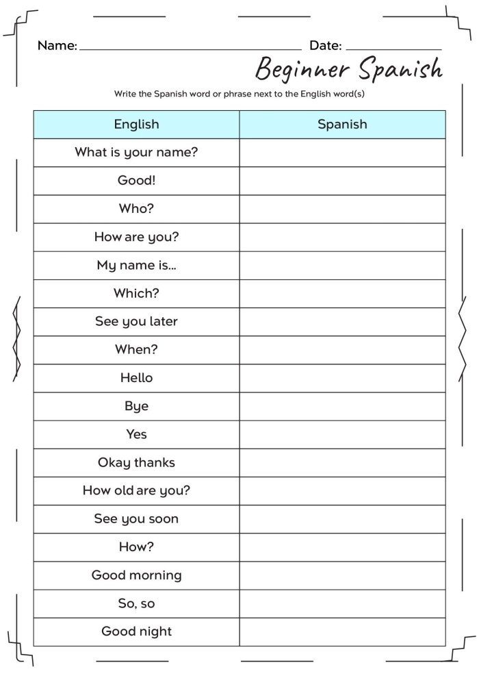 Worksheet featuring greetings in Spanish for fourth graders