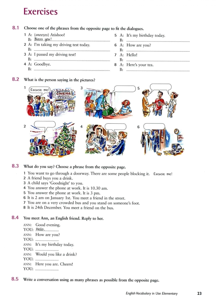Fourth grade student practicing Spanish greeting phrases on a vocabulary worksheet