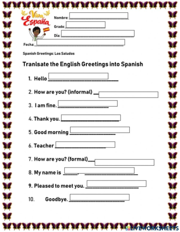 Fourth grade Spanish worksheet featuring common greetings and phrases for vocabulary practice