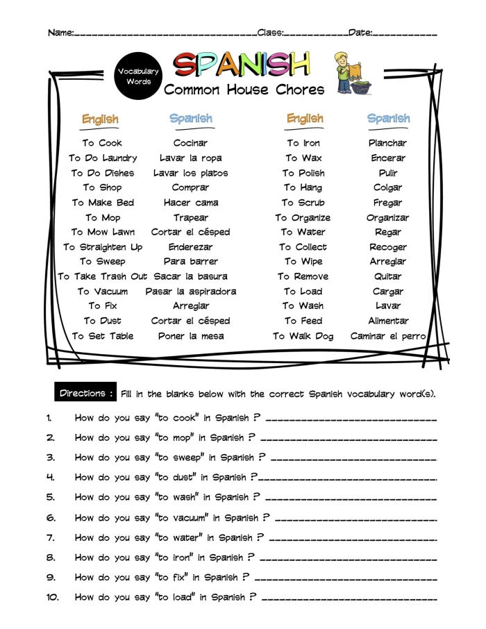 Worksheet featuring Spanish vocabulary for household items like refrigerators and ovens