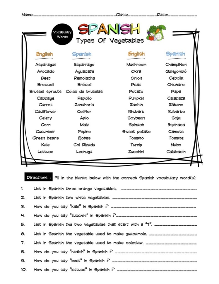 Fourth grade student worksheet featuring common Spanish household items for vocabulary practice