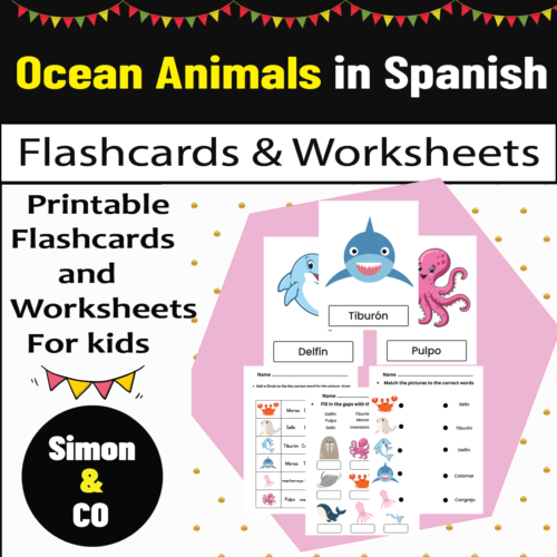 Spanish Sea Creatures worksheet featuring various marine animals and their Spanish names. Educational resource for fourth graders to learn sea creature vocabulary in Spanish.