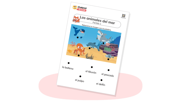 Fourth grade student worksheet featuring illustrations of various ocean animals labeled with Spanish vocabulary