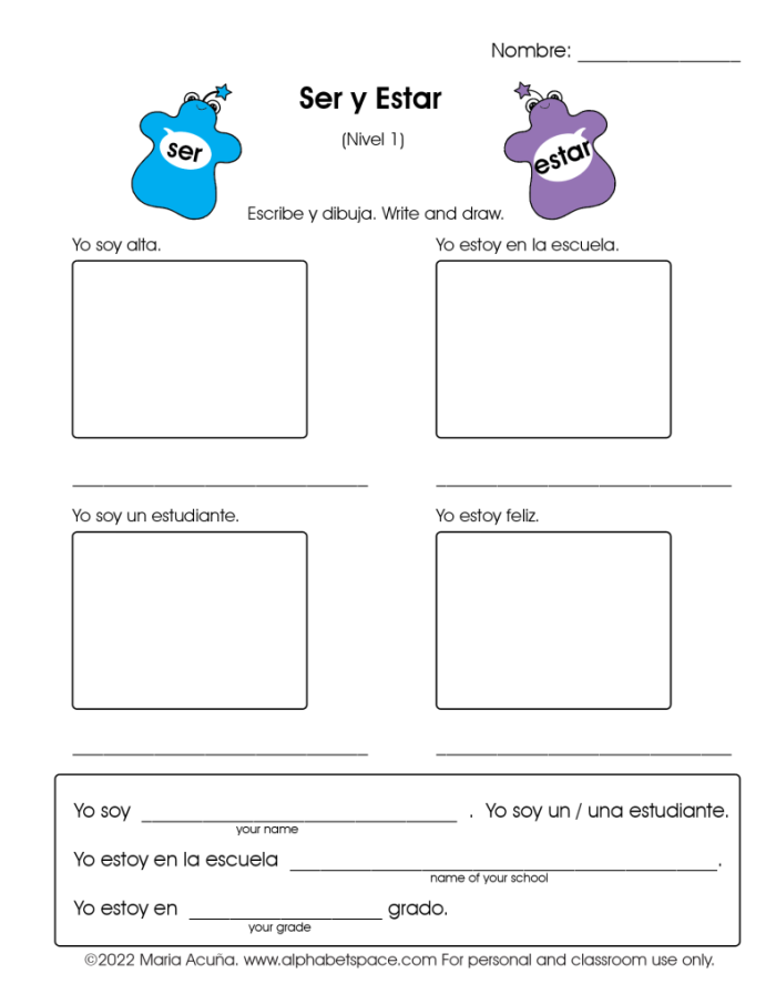 Fourth grade Spanish worksheet for practicing the difference between the verbs ser and estar