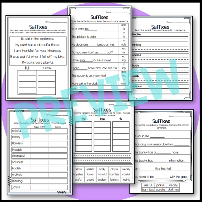 Fourth grade Spanish suffix practice worksheet showing sentences for students to identify and define suffixes