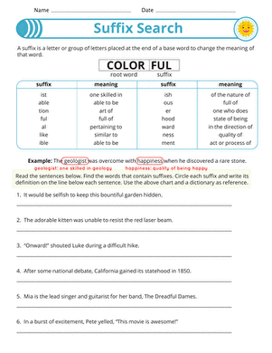 Fourth grade Spanish worksheet focusing on identifying and defining suffixes for practice