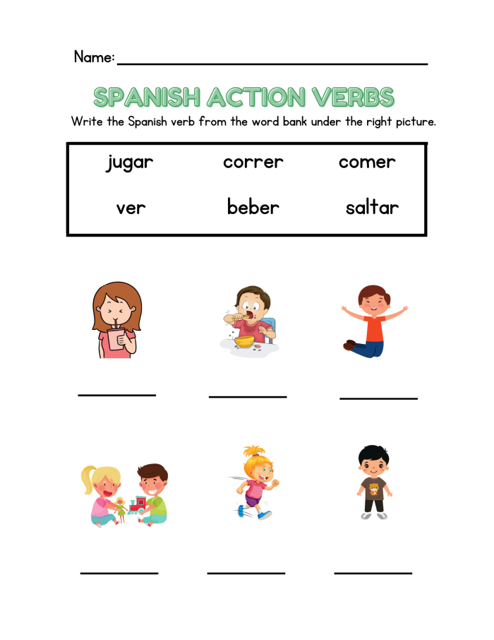 A colorful Spanish verbs worksheet designed for fourth graders to enhance language skills