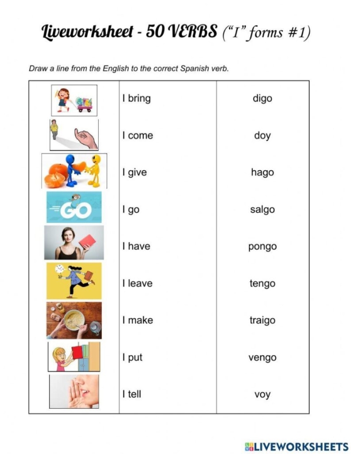 Fourth grade Spanish verbs worksheet featuring a list of action words for students