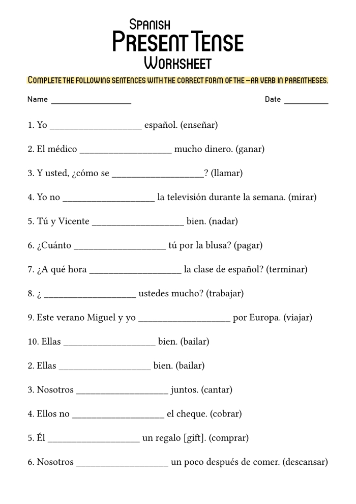 Spanish verbs worksheet for fourth graders to enhance their vocabulary