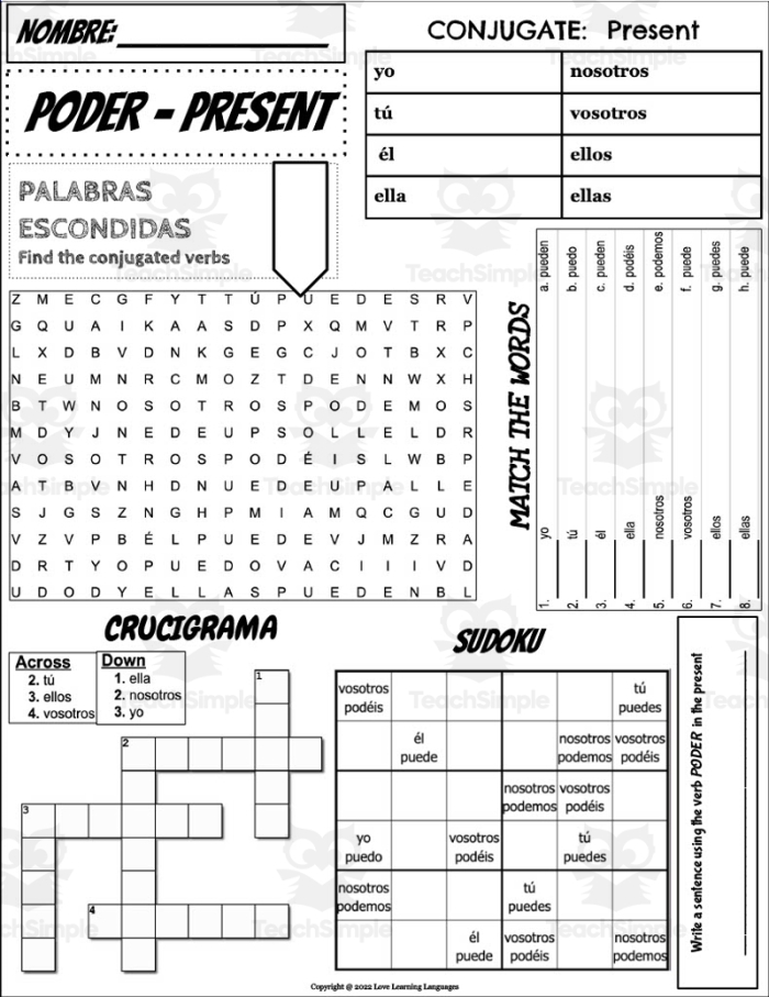 Fourth grade student practicing a list of essential Spanish verbs on a colorful worksheet