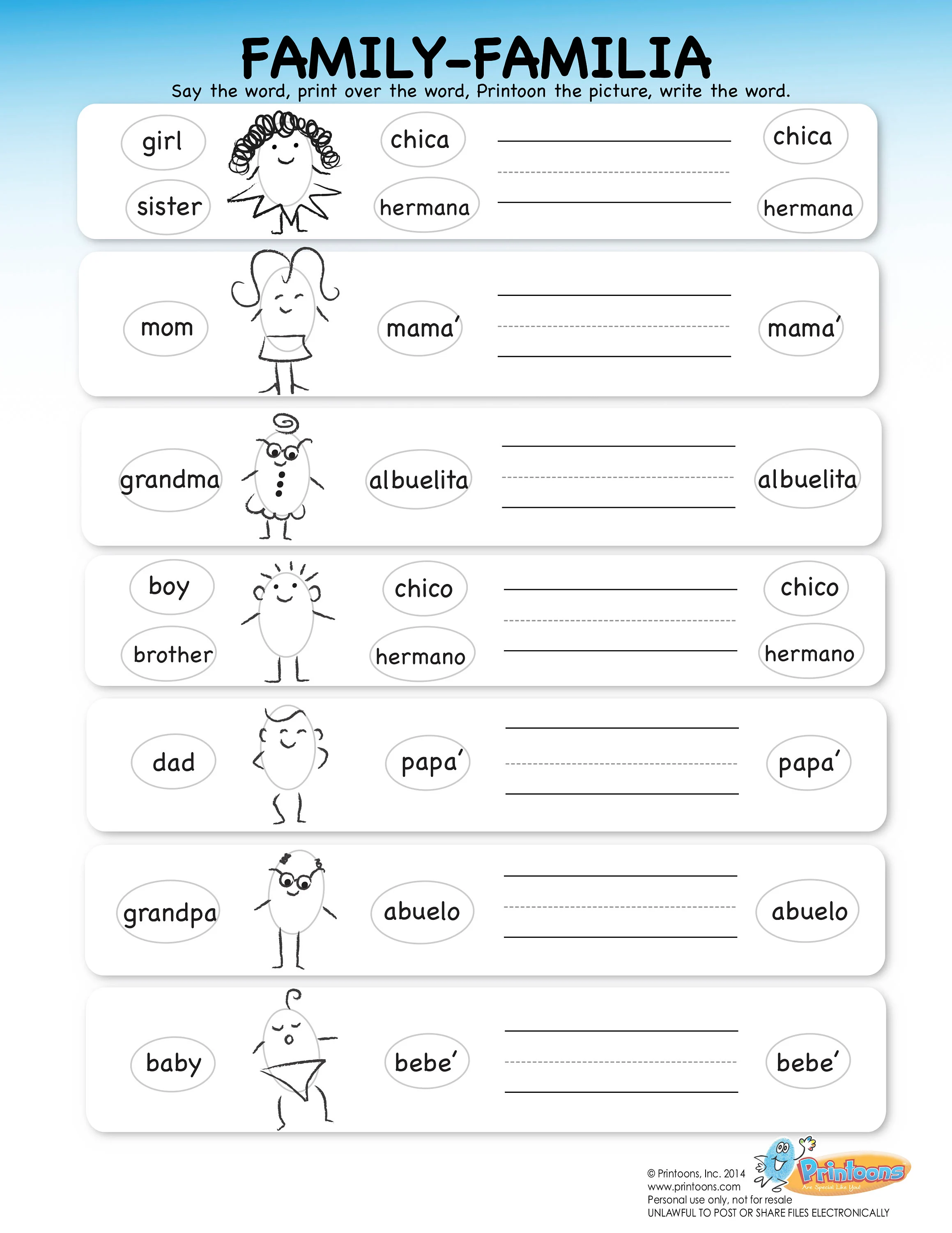 Fourth grade student practicing a list of Spanish verbs on a printable worksheet