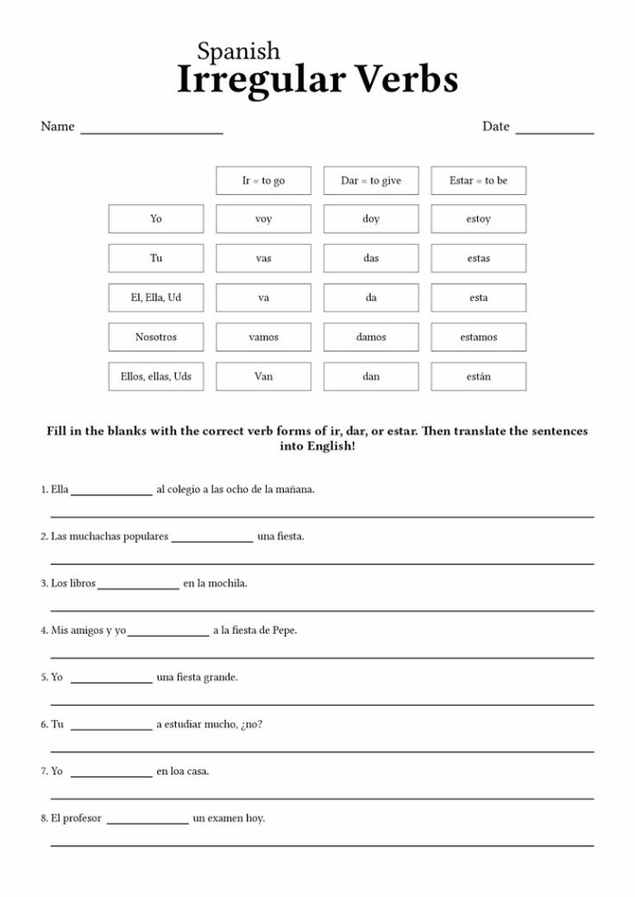 Fourth grade students practicing common Spanish verbs on a colorful educational worksheet