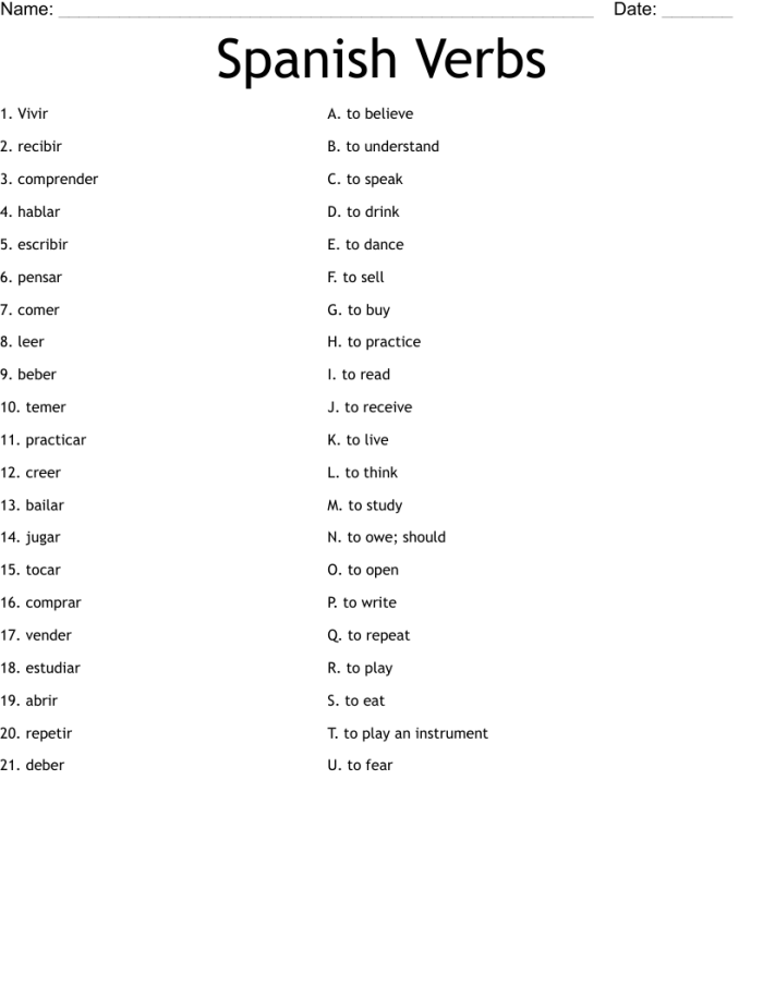 Fourth grade Spanish verbs worksheet featuring action words for sight word practice