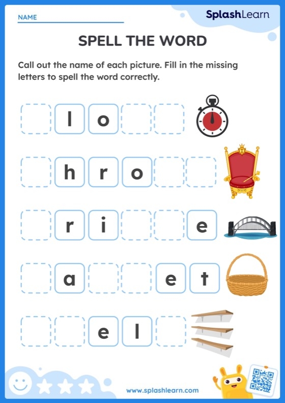 Illustration of a grammar worksheet designed to enhance spelling skills for young learners Fourth-grade students practicing spelling with the Let's Spell: Tricky Word Challenge worksheet