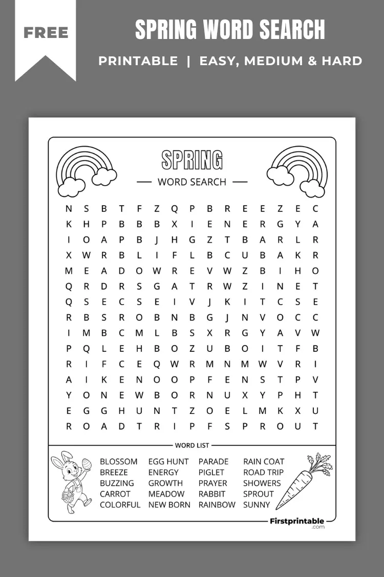 Spring-themed word search puzzle worksheet for fourth-grade spelling practice