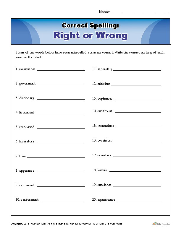 Worksheet featuring spelling correction exercises for fourth graders